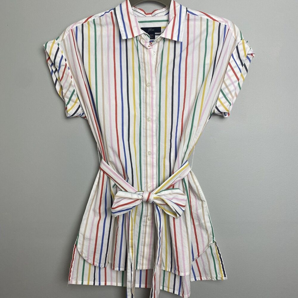 J.Crew Women's Striped Tie-Waist Shirt Dress Top, Multicolor Vertical Stripes, S
